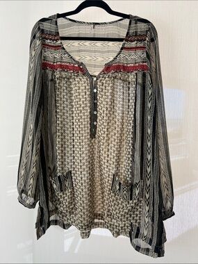 Free People Cream and Black Bohemian Tunic with Red Trim